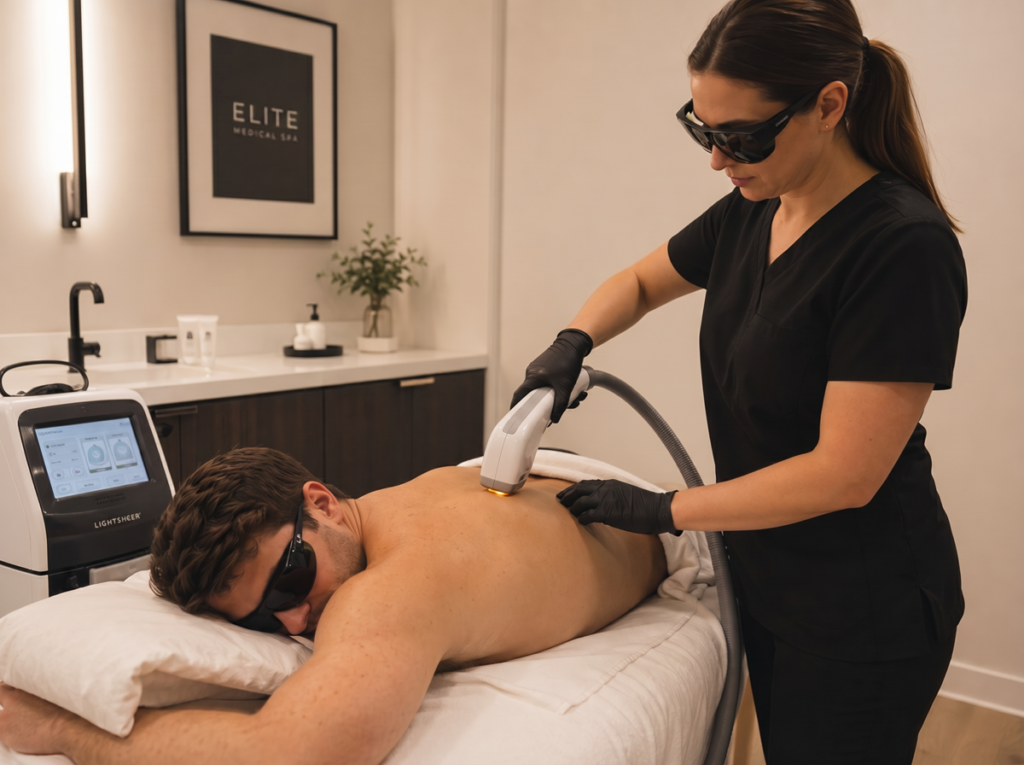 A dedicated image for male clients, showing a professional back hair removal session.